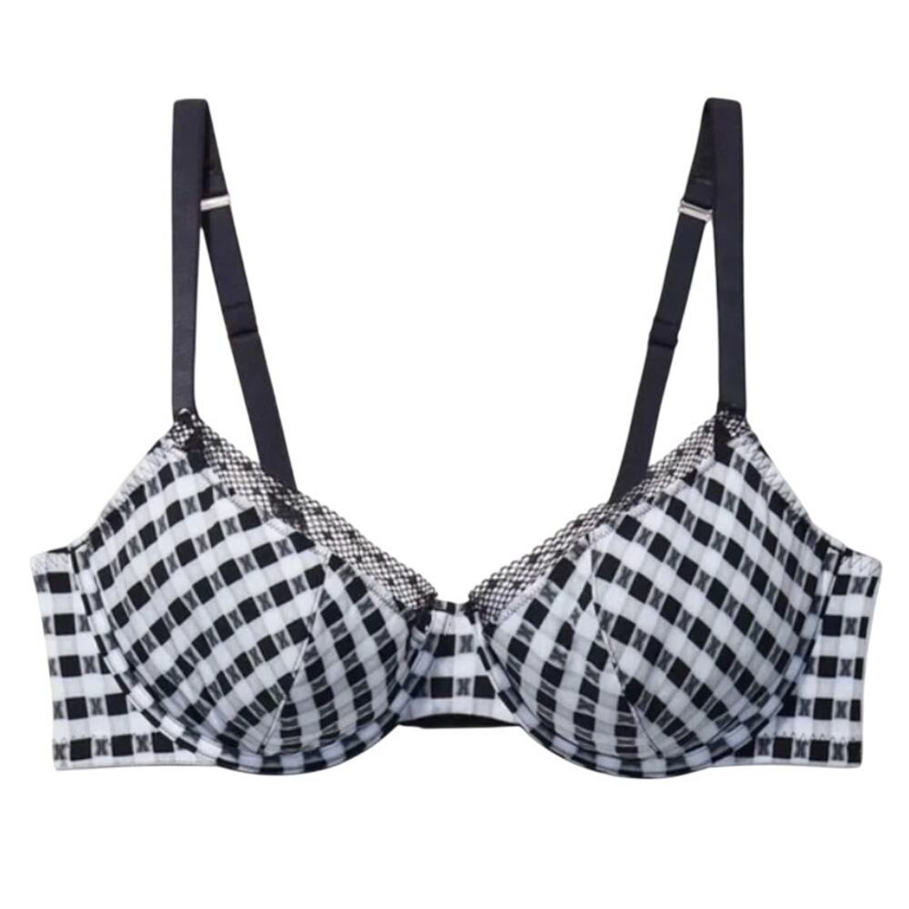 Savage X Fenty Gingham Unlined Plunge Bra in Black/Gray, Size 34B